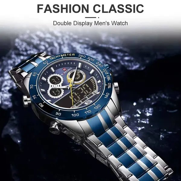 Naviforce NF9188 Luxury Stainless Steel Strap Analog Digital Sports Men's Watch – Dial Color: Blue, Strap Color: Silver – View 3