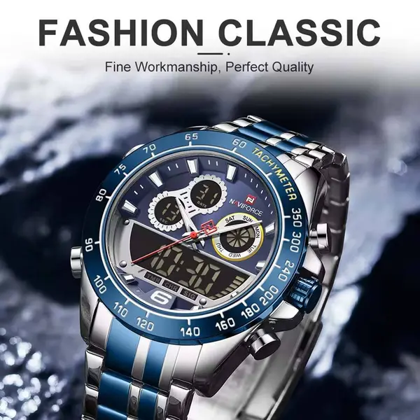 Naviforce NF9188 Luxury Stainless Steel Strap Analog Digital Sports Men's Watch – Dial Color: Blue, Strap Color: Silver – View 4