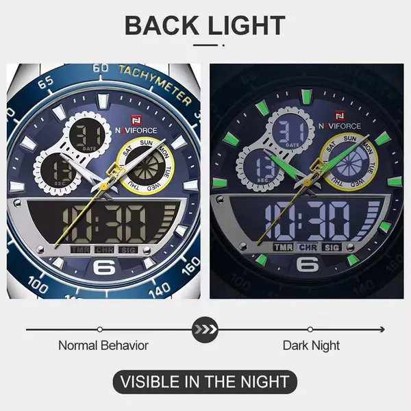 Naviforce NF9188 Luxury Stainless Steel Strap Analog Digital Sports Men's Watch – Dial Color: Blue, Strap Color: Silver – View 5