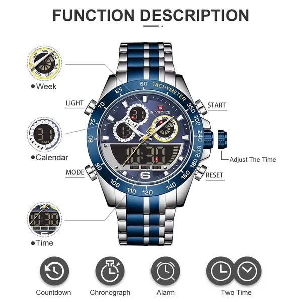 Naviforce NF9188 Luxury Stainless Steel Strap Analog Digital Sports Men's Watch – Dial Color: Blue, Strap Color: Silver – View 6