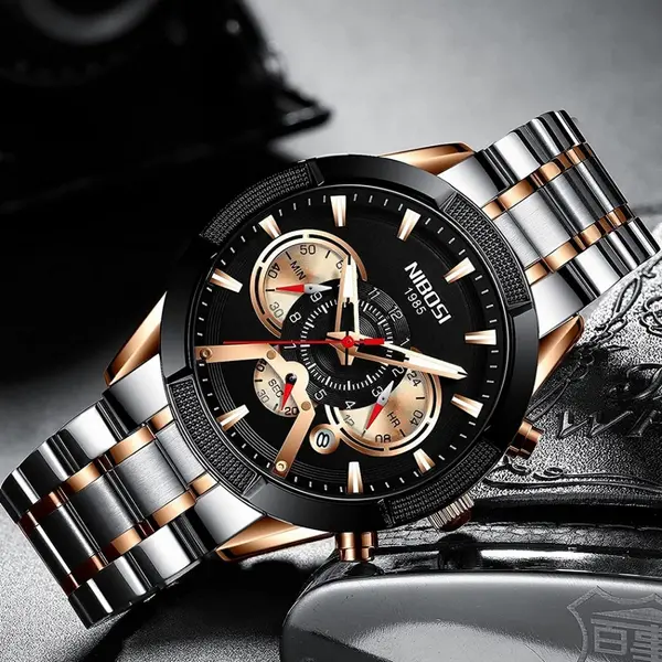 Nibosi 2379 Luxury Stainless Steel Chronograph Men's watch – Dial Color: Black Gold, Strap Color: Silver – View 2