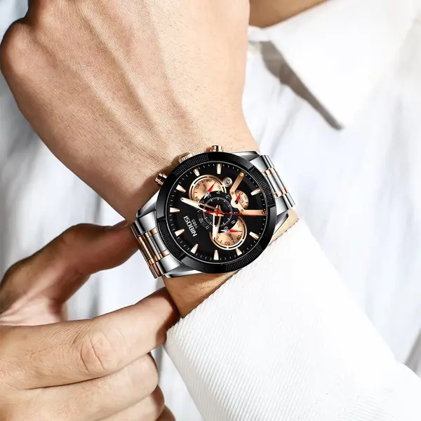 Nibosi 2379 Luxury Stainless Steel Chronograph Men's watch – Dial Color: Black Gold, Strap Color: Silver – View 3