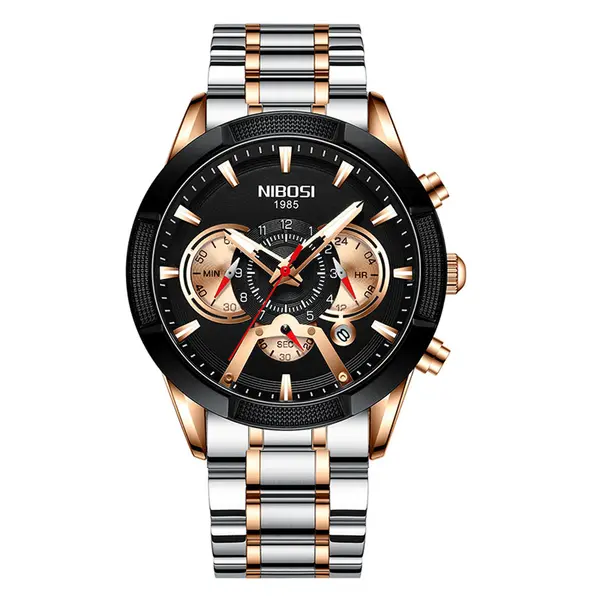 Nibosi 2379 Luxury Stainless Steel Chronograph Men's watch – Dial Color: Black Gold, Strap Color: Silver – View 1