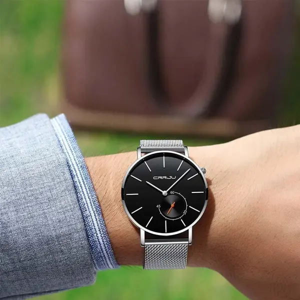 CRRJU 2220 Comfortable Mesh Stainless Steel Ultra Slim Modern Fashion Men's Watch – Dial Color: Black, Strap Color: Silver – View 2