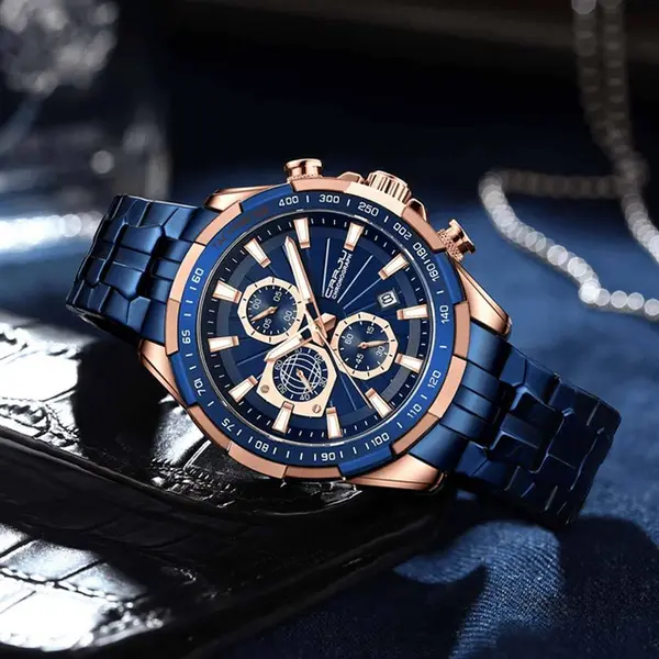 CRRJU 2305 High Quality Stainless Steel Multifunctional Classic Fashion Men's Watch – Dial Color: Rose Gold, Strap Color: Blue – View 2