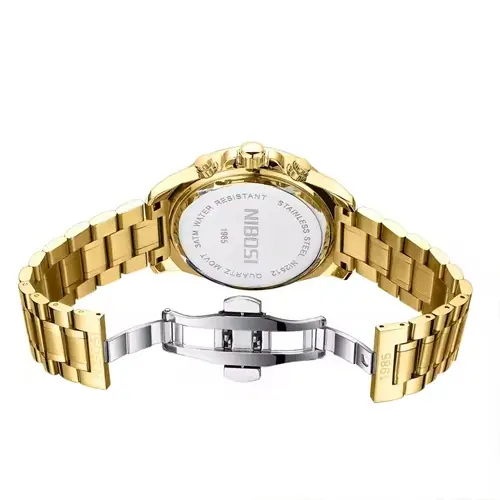 Nibosi 2512 High Quality Stainless Steel & Multifunction Chronograph Men's Watch – Dial Color: White, Strap Color: Gold – View 4