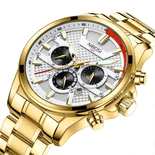Nibosi 2512 High Quality Stainless Steel & Multifunction Chronograph Men's Watch – Dial Color: White, Strap Color: Gold – View 3