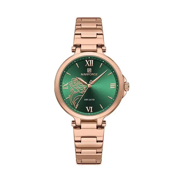 Naviforce NF5060 Luxury Stainless Steel Strap Elegant Fashion Women's Watch – Dial Color: Green, Strap Color: Rose Gold – View 1