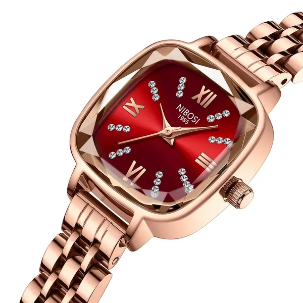 Nibosi 2535 Luxury Stainless Steel Analog Women's Watch – Dial Color: Red, Strap Color: Gold – View 2