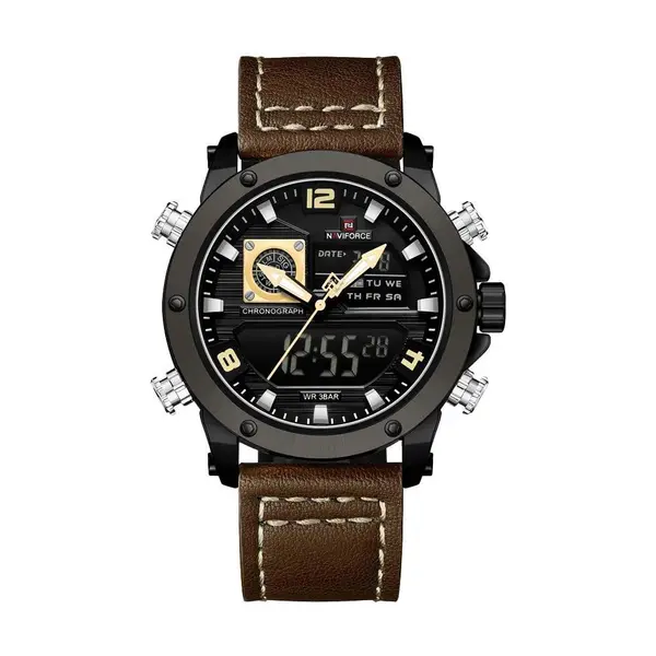 Naviforce NF9236 Military Style Comfortable Leather Strap Dual Movement Sports Men’s Watch – Dial Color: Yellow, Strap Color:  Brown  – View 1