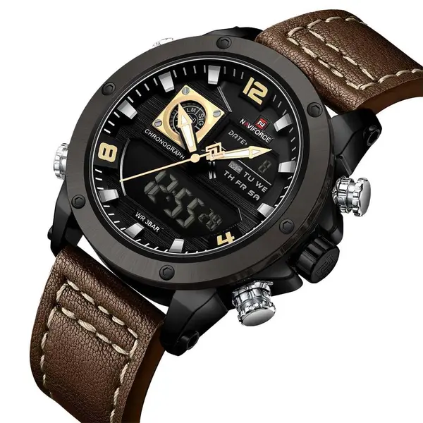 Naviforce NF9236 Military Style Comfortable Leather Strap Dual Movement Sports Men’s Watch – Dial Color: Yellow, Strap Color:  Brown  – View 3