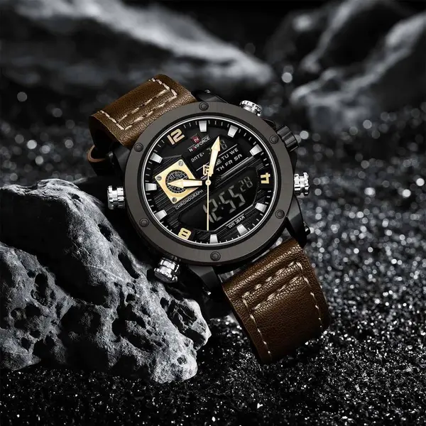 Naviforce NF9236 Military Style Comfortable Leather Strap Dual Movement Sports Men’s Watch – Dial Color: Yellow, Strap Color:  Brown  – View 4