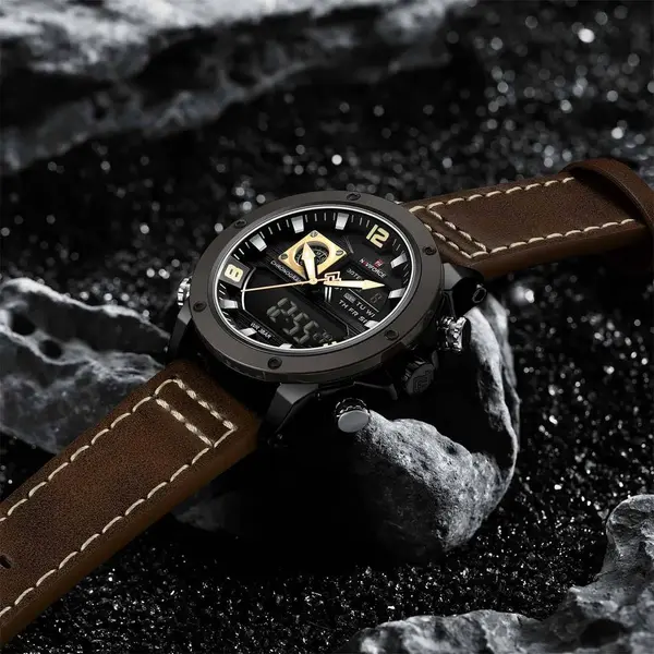 Naviforce NF9236 Military Style Comfortable Leather Strap Dual Movement Sports Men’s Watch – Dial Color: Yellow, Strap Color:  Brown  – View 5