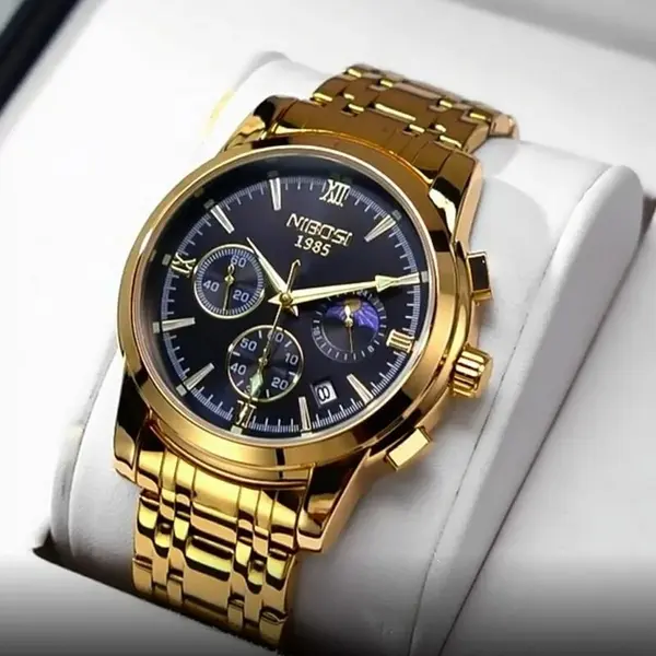 Nibosi 2516 High Quality Stainless Steel Luminous Men's Watch – Dial Color: Black, Strap Color: Gold  – View 3