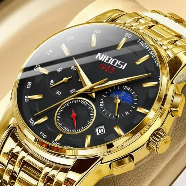 Nibosi 2516 High Quality Stainless Steel Luminous Men's Watch – Dial Color: Black, Strap Color: Gold  – View 4