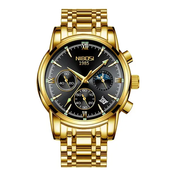 Nibosi 2516 High Quality Stainless Steel Luminous Men's Watch – Dial Color: Black, Strap Color: Gold  – View 1