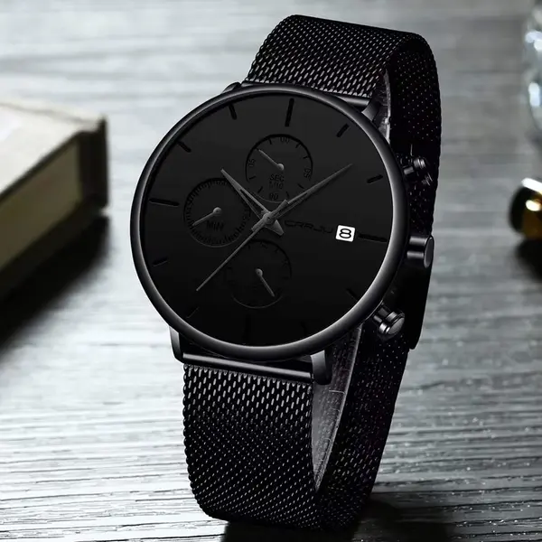 CRRJU 2268 Luxury Black Mesh Steel Band Chronograph Casual Fashion Men’s Watch – Dial Color: Black, Strap Color: Black – View 2