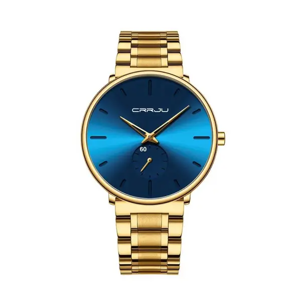 CRRJU 2150 Luxury Stainless Steel Slim Mesh Band Casual Men’s Watch – Dial Color: Blue, Strap Color: Gold  – View 1