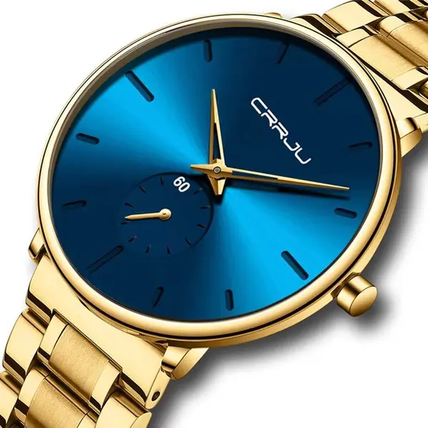 CRRJU 2150 Luxury Stainless Steel Slim Mesh Band Casual Men’s Watch – Dial Color: Blue, Strap Color: Gold  – View 2