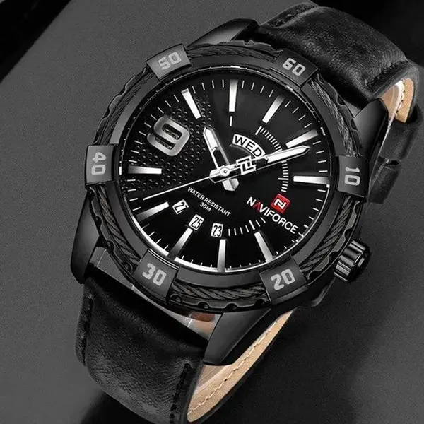 Naviforce NF9117L Comfortable Leather Strap Luxury Fashion and Sports Men's Watch – Dial Color: White, Strap Color: Black – View 3