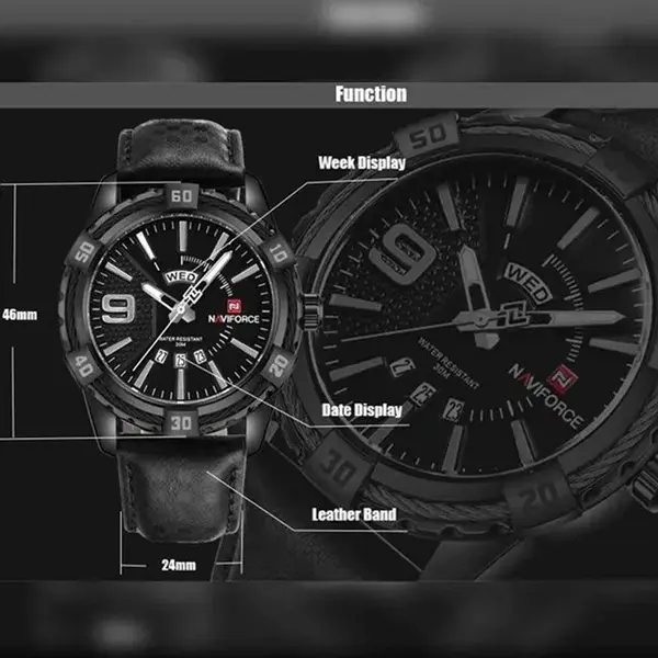 Naviforce NF9117L Comfortable Leather Strap Luxury Fashion and Sports Men's Watch – Dial Color: White, Strap Color: Black – View 4