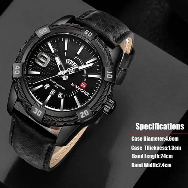 Naviforce NF9117L Comfortable Leather Strap Luxury Fashion and Sports Men's Watch – Dial Color: White, Strap Color: Black – View 5