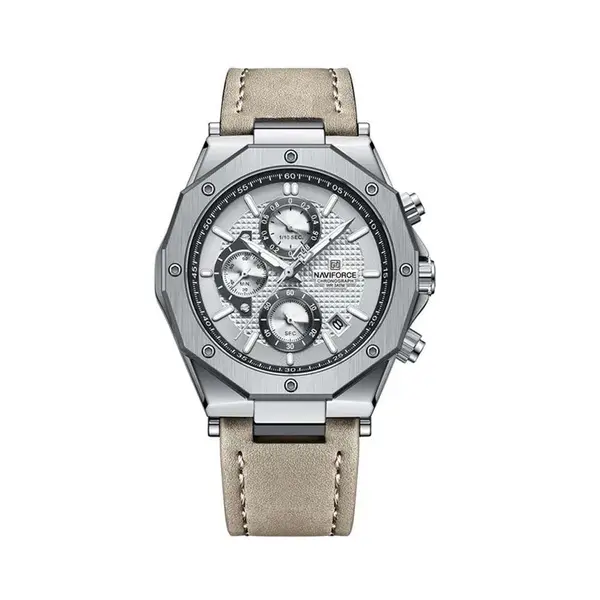 Naviforce NF8028 Luxury Genuine Leather Straps Chronograph Sports Men's Watch – Dial Color: Silver, Strap Color: Grey – View 1