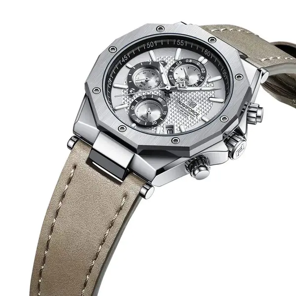 Naviforce NF8028 Luxury Genuine Leather Straps Chronograph Sports Men's Watch – Dial Color: Silver, Strap Color: Grey – View 2