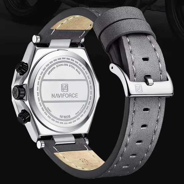Naviforce NF8028 Luxury Genuine Leather Straps Chronograph Sports Men's Watch – Dial Color: Silver, Strap Color: Grey – View 3
