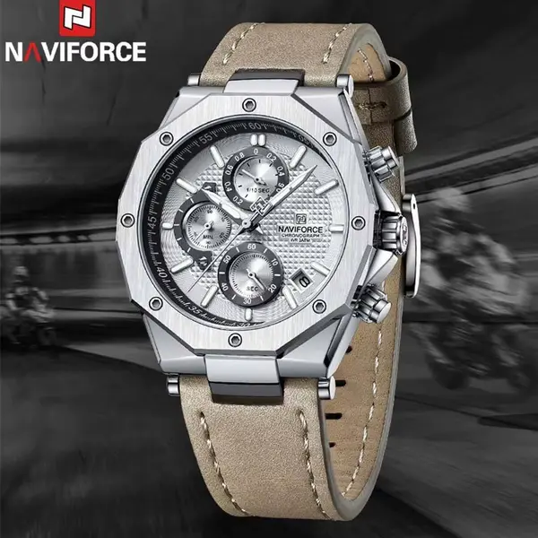 Naviforce NF8028 Luxury Genuine Leather Straps Chronograph Sports Men's Watch – Dial Color: Silver, Strap Color: Grey – View 4