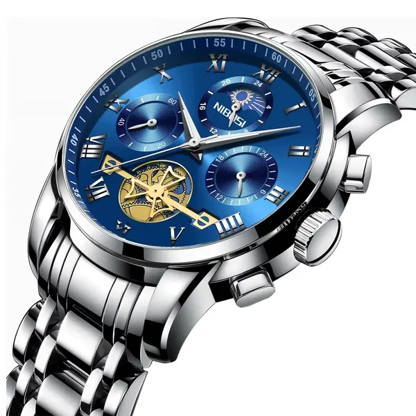 Nibosi 2507  Luxury Stainless Steel Waterproof Men's Watch – Dial Color: Blue, Strap Color: Silver – View 2