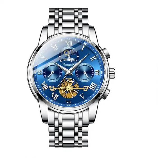 Nibosi 2507  Luxury Stainless Steel Waterproof Men's Watch – Dial Color: Blue, Strap Color: Silver – View 1