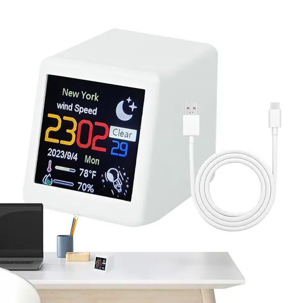 LCD Digital Smart Weather Desktop Thermometer Small Table Clock – Color: White – View 2