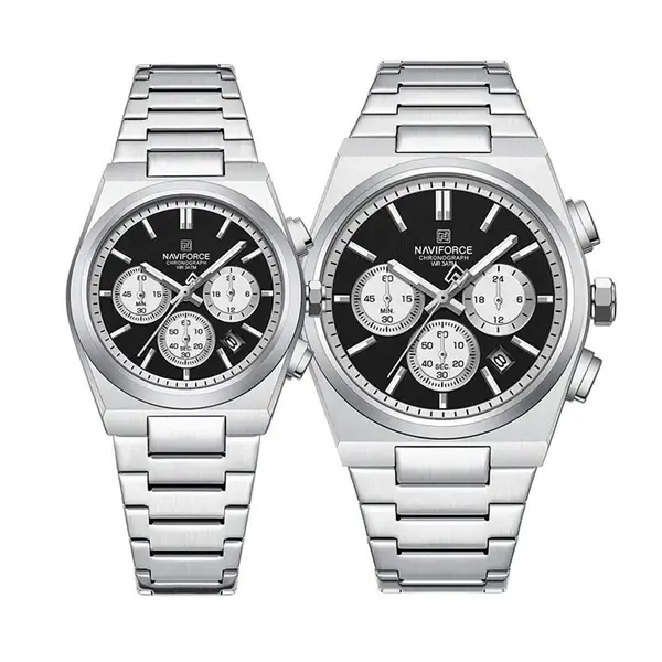 Naviforce NF8048 High Quality Stainless Steel Chronograph Classic Stylish Couple's Watch – Dial Color: Black, Strap Color: Silver – View 1