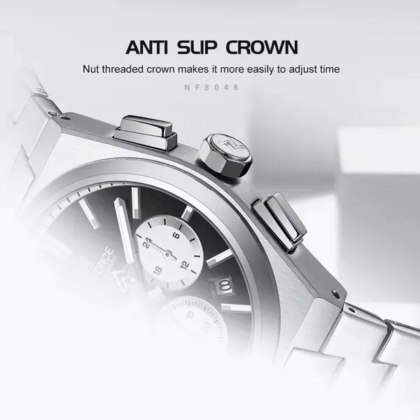 Naviforce NF8048 High Quality Stainless Steel Chronograph Classic Stylish Couple's Watch – Dial Color: Black, Strap Color: Silver – View 2