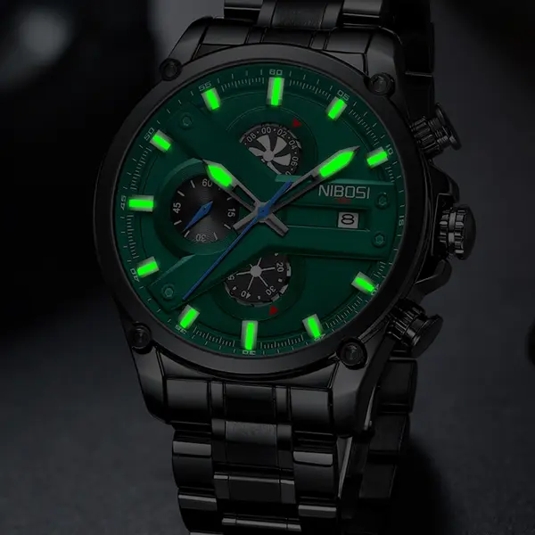 Nibosi 2513 High-Quality Stainless Steel Chronograph Men's Watch – Dial Color: Green, Strap Color: Black – View 5