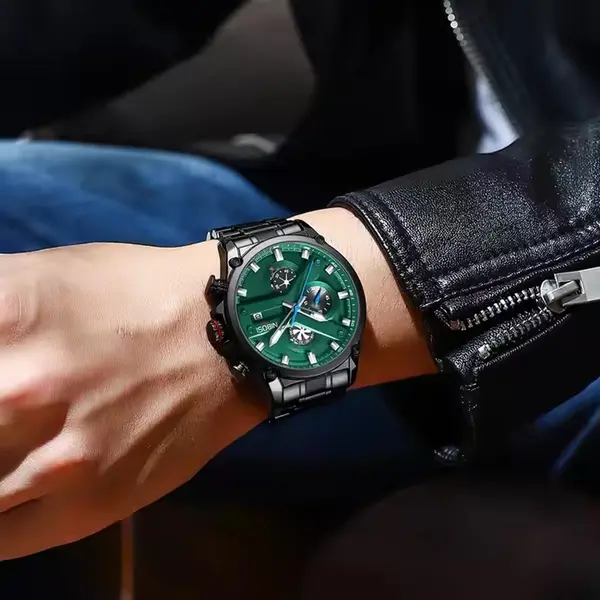 Nibosi 2513 High-Quality Stainless Steel Chronograph Men's Watch – Dial Color: Green, Strap Color: Black – View 4