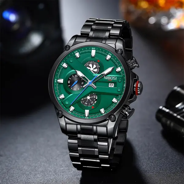 Nibosi 2513 High-Quality Stainless Steel Chronograph Men's Watch – Dial Color: Green, Strap Color: Black – View 3