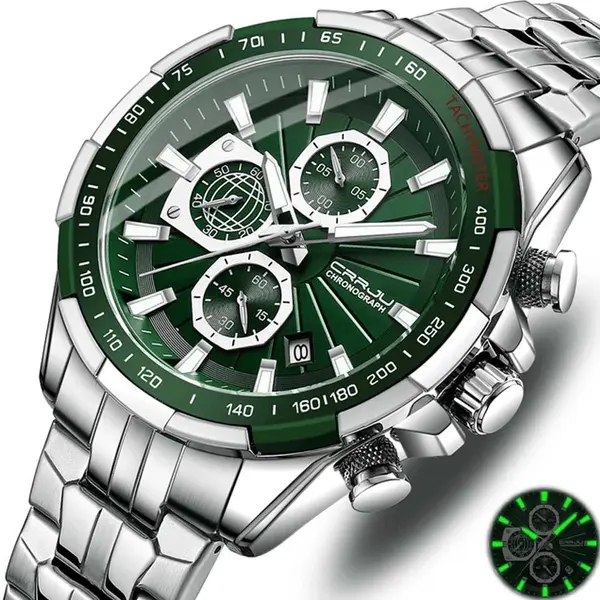 CRRJU 2305 High Quality Stainless Steel Multifunctional Classic Fashion Men's Watch – Dial Color: Green, Strap Color: Silver – View 2