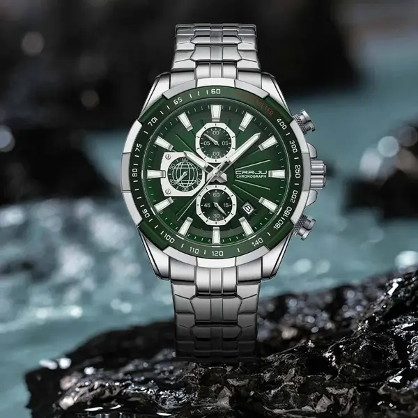 CRRJU 2305 High Quality Stainless Steel Multifunctional Classic Fashion Men's Watch – Dial Color: Green, Strap Color: Silver – View 3