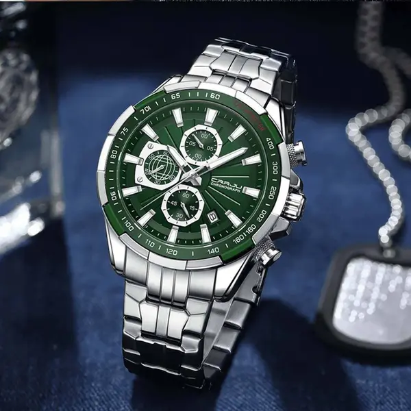 CRRJU 2305 High Quality Stainless Steel Multifunctional Classic Fashion Men's Watch – Dial Color: Green, Strap Color: Silver – View 4