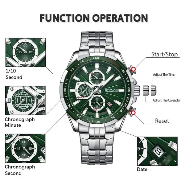 CRRJU 2305 High Quality Stainless Steel Multifunctional Classic Fashion Men's Watch – Dial Color: Green, Strap Color: Silver – View 5