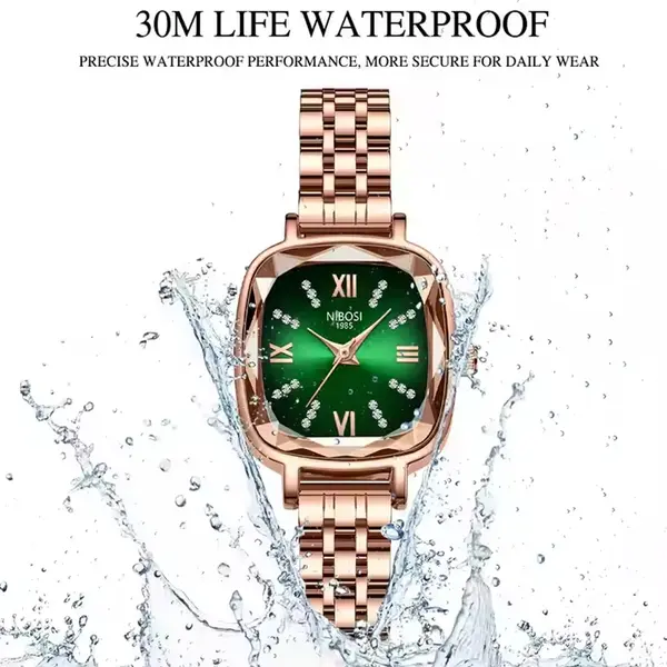 Nibosi 2535 Luxury Stainless Steel Analog Women's Watch – Dial Color: Green, Strap Color: Gold – View 3