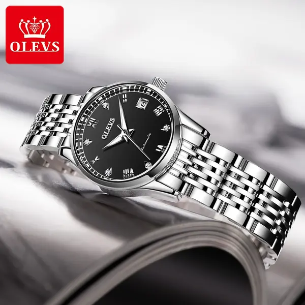OLEVS 6602 Stainless Steel luxurious Casual Waterproof Automatic Watch – Dial Color: Black, Strap Color: Silver – View 3