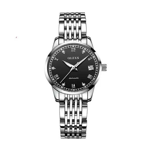 OLEVS 6602 Stainless Steel luxurious Casual Waterproof Automatic Watch – Dial Color: Black, Strap Color: Silver – View 1