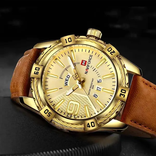 Naviforce NF9117L Comfortable Leather Strap Luxury Fashion and Sports Men's Watch – Dial Color: Gold, Strap Color: Gold  – View 4