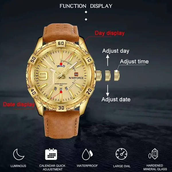 Naviforce NF9117L Comfortable Leather Strap Luxury Fashion and Sports Men's Watch – Dial Color: Gold, Strap Color: Gold  – View 7