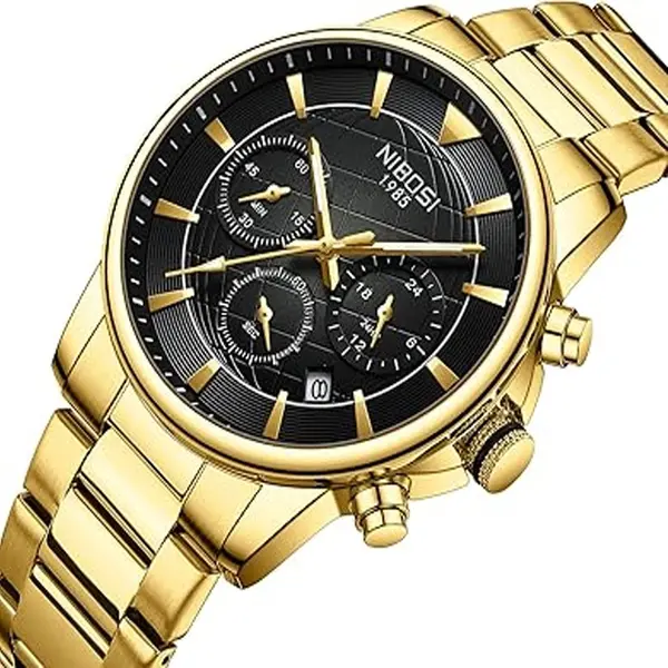 Nibosi 2351 Classic Stainless Steel Multifunctional Chronograph Analog Fashion Men's Watch – Dial Color: Black Gold, Strap Color: Gold – View 2