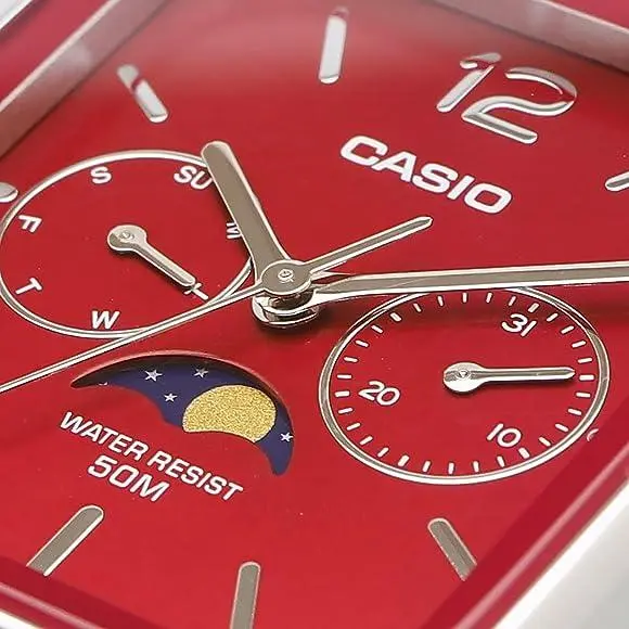 CASIO MTP-M305D-1AVDF Moon Chaser Silver Stainless Steel Chain Unisex Analog Watch – Dial Color: Red, Strap Color: Silver – View 2