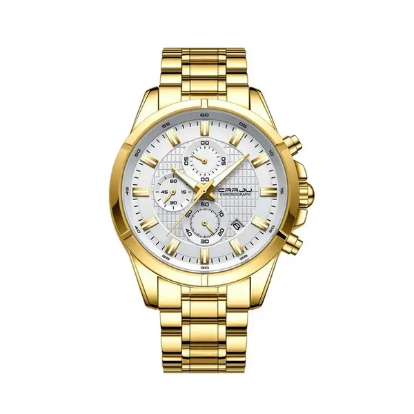 CRRJU 2308 Luxury Redefined Stainless Steel Analog Quartz Men's Watch – Dial Color: Silver, Strap Color: Gold  – View 1